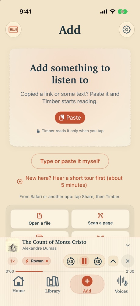 The Add screen in Timber: a Paste button that reads what you copied when you tap it, a button to type or paste, and a note to tap Share from Safari or another app.