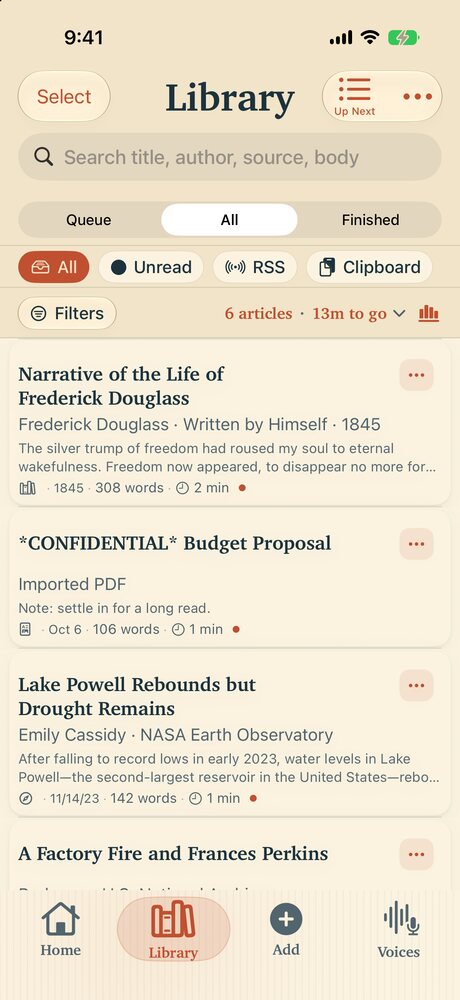 The Library screen, showing saved articles with a search bar, filters, and Queue, All and Finished tabs.