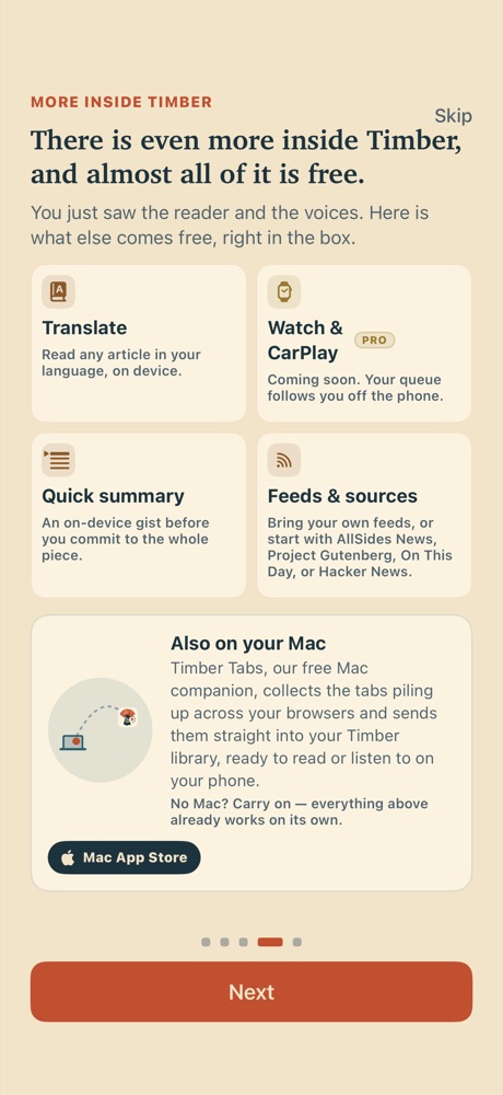 A screen listing what else is included: translation, Watch and CarPlay, quick summaries, feeds and sources, and the Mac companion.
